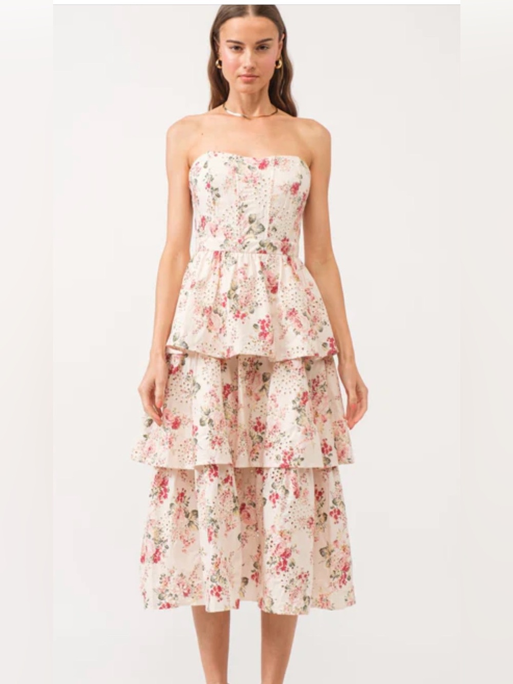 Sofia the Label Strapless Floral Tiered Corset Midi Dress Size M Embroidery